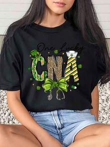 1 Piece Women's T-Shirt With "One Lucky Cna" Design For St. Patrick's Day, Festive Green Print, Daily Wear, Round Neck, Short Sleeve, Soft And Comfortable, 220g/180g, 100% Cotton - 白色 - 查看 6