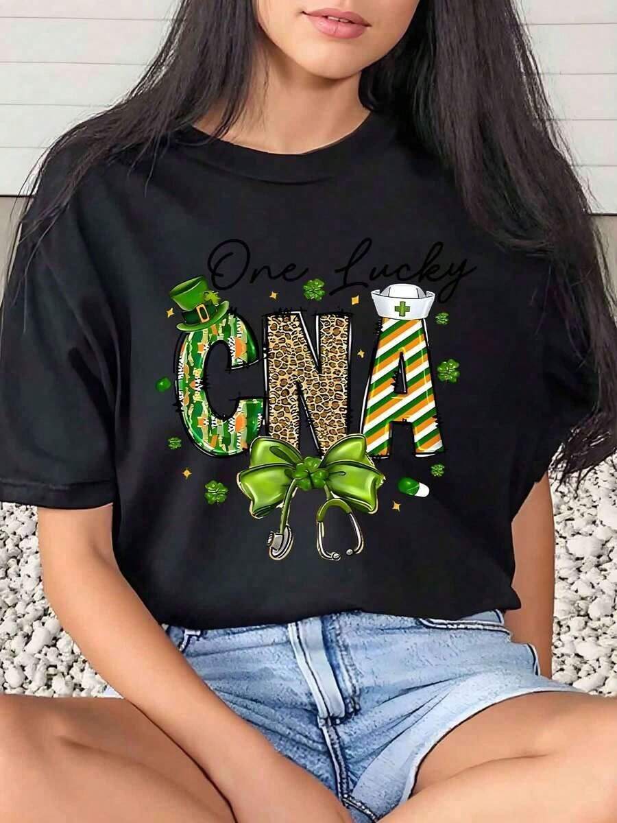 1 Piece Women's T-Shirt With "One Lucky Cna" Design For St. Patrick's Day, Festive Green Print, Daily Wear, Round Neck, Short Sleeve, Soft And Comfortable, 220g/180g, 100% Cotton - 黑色 - 查看 1