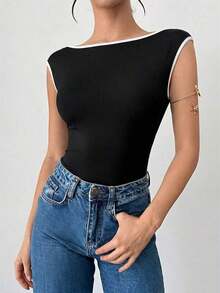 Body de unicolor con escote pronunciado y espalda descubierta, sexy y versátil para vacaciones y fiestas - Negro 3 - Ver 4