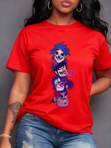 Stack Of Four Animated Characters With Expressive Faces, Blue Hair, Irregular Teeth, Extended Tongue, Colorful Glasses, And A Red Cap Reflects Urban Art And Modern Pop Music. Women's T-Shirt, 100% Cotton, Casual Short Sleeve. - 紅色 - 查看 7