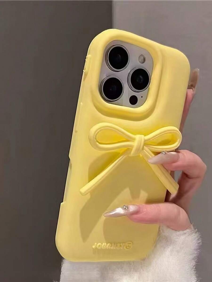 韩版ins风白色蝴蝶结软硅胶手机壳,兼容 17、16 Pro Max,防震保护套,兼容 15、14、13,独特设计 - 黃色 - 查看 1