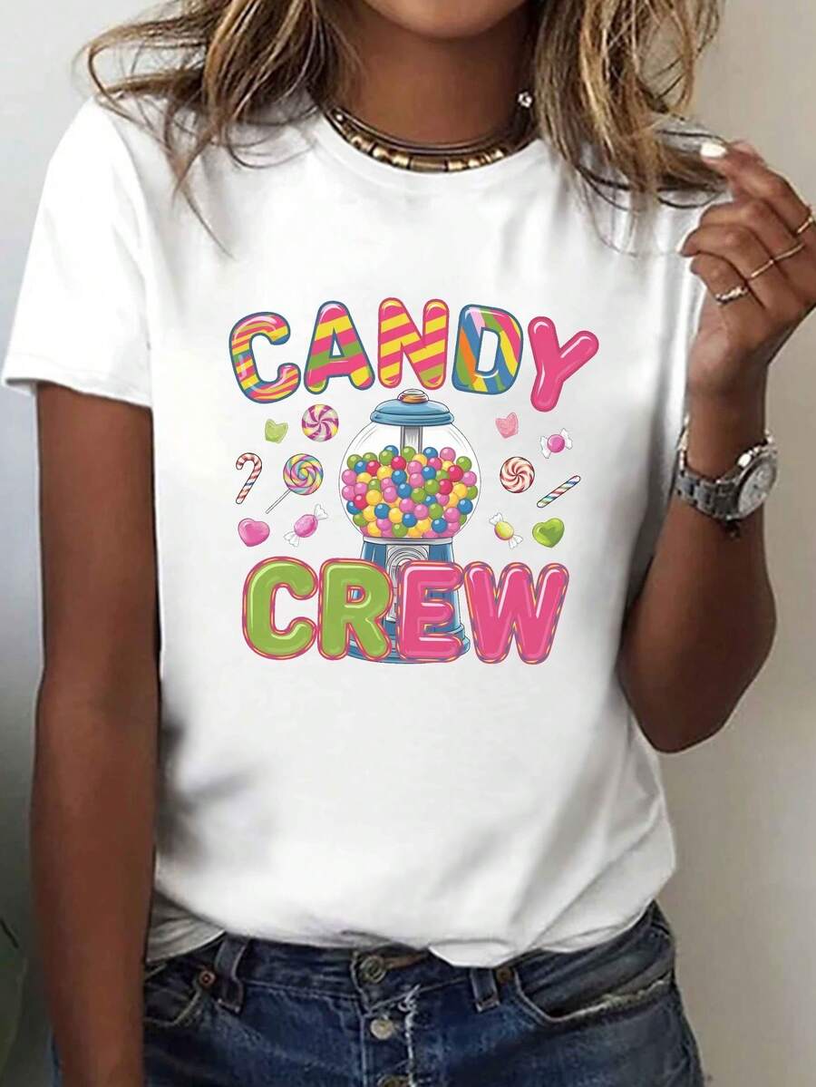 Women's Pure Cotton Short-Sleeved T-Shirt With Round Neck And Fun CANDY CREW Design, Casual Short-Sleeved Round Neck Shirt, Perfect For Spring And Summer, Women's Clothing. - 白色 - 查看 1