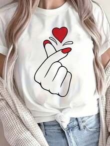 Women's Short Sleeve Blouse With Round Neck And Red Hands And Heart Print - Semi-Sheer Casual Top With Romantic Gesture Design, Machine Washable, Ideal For Valentine's Day Or As A Casual Outfit (H-Shaped Silhouette). - 黑色 - 查看 1