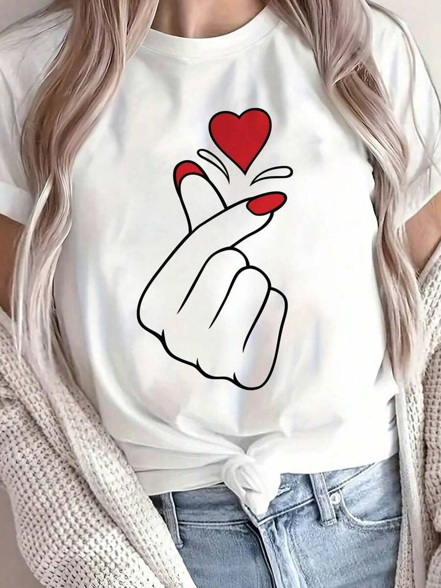 Women's Short Sleeve Blouse With Round Neck And Red Hands And Heart Print - Semi-Sheer Casual Top With Romantic Gesture Design, Machine Washable, Ideal For Valentine's Day Or As A Casual Outfit (H-Shaped Silhouette). - 黑色 - 查看 1