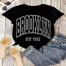 Brooklyn New York Graphic T-Shirt, 100% Cotton Oversized Soft Breathable Casual Crewneck Short Sleeve Top, Retro Streetwear Style Tee For Women & City Lovers - 黑色 - 查看 12
