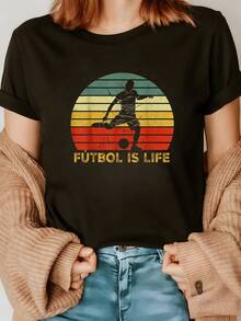 Image Of A Player Kicking The Ball Under A Sunset With Warm Colors That Symbolize Passion, Energy And Freedom To Live The Sporting Spirit Every Day. Women's Casual Modern Comfortable T-Shirt For Everyday Wear - 黑色 - 查看 8