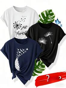 Camisetas de mujer, camisetas de mujer, [1 camiseta natural] 1 camiseta de mujer con estampado de plumas y diente de león | Cuello redondo informal, mangas cortas, tela elástica, opciones multicolor para el verano, vacaciones y uso diario, ideal como regalo para Pascua y el Día de la Madre. - 1 patrón aleatorio negro - Ver 1