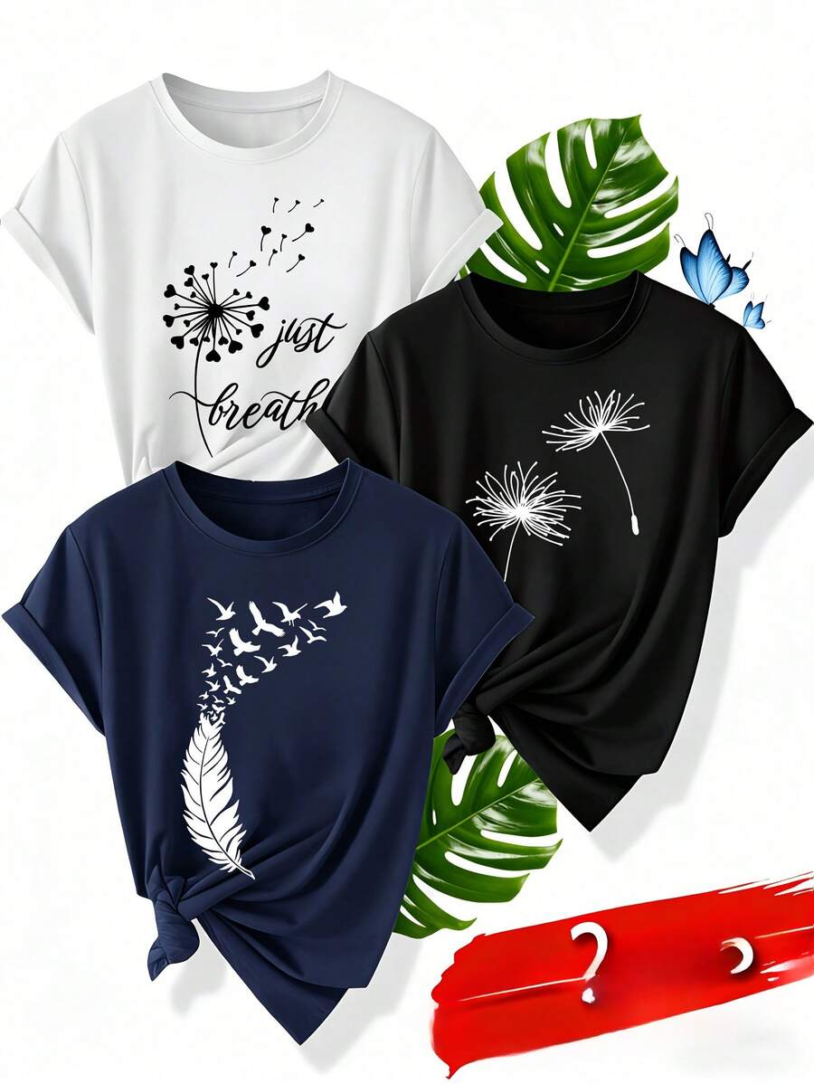 Camisetas de mujer, camisetas de mujer, [1 camiseta natural] 1 camiseta de mujer con estampado de plumas y diente de león | Cuello redondo informal, mangas cortas, tela elástica, opciones multicolor para el verano, vacaciones y uso diario, ideal como regalo para Pascua y el Día de la Madre. - 1 patrón aleatorio negro - Ver 1