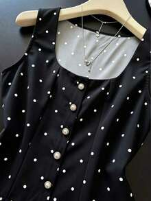 Top de verano elegante y vintage para mujer con decoración de lunares y perlas - Negro - Ver 6