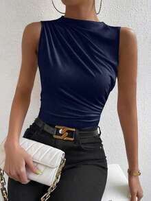 Camiseta sin mangas de corte slim con pliegues de unicolor minimalista para uso diario en verano para mujeres - Azul marino - Ver 1