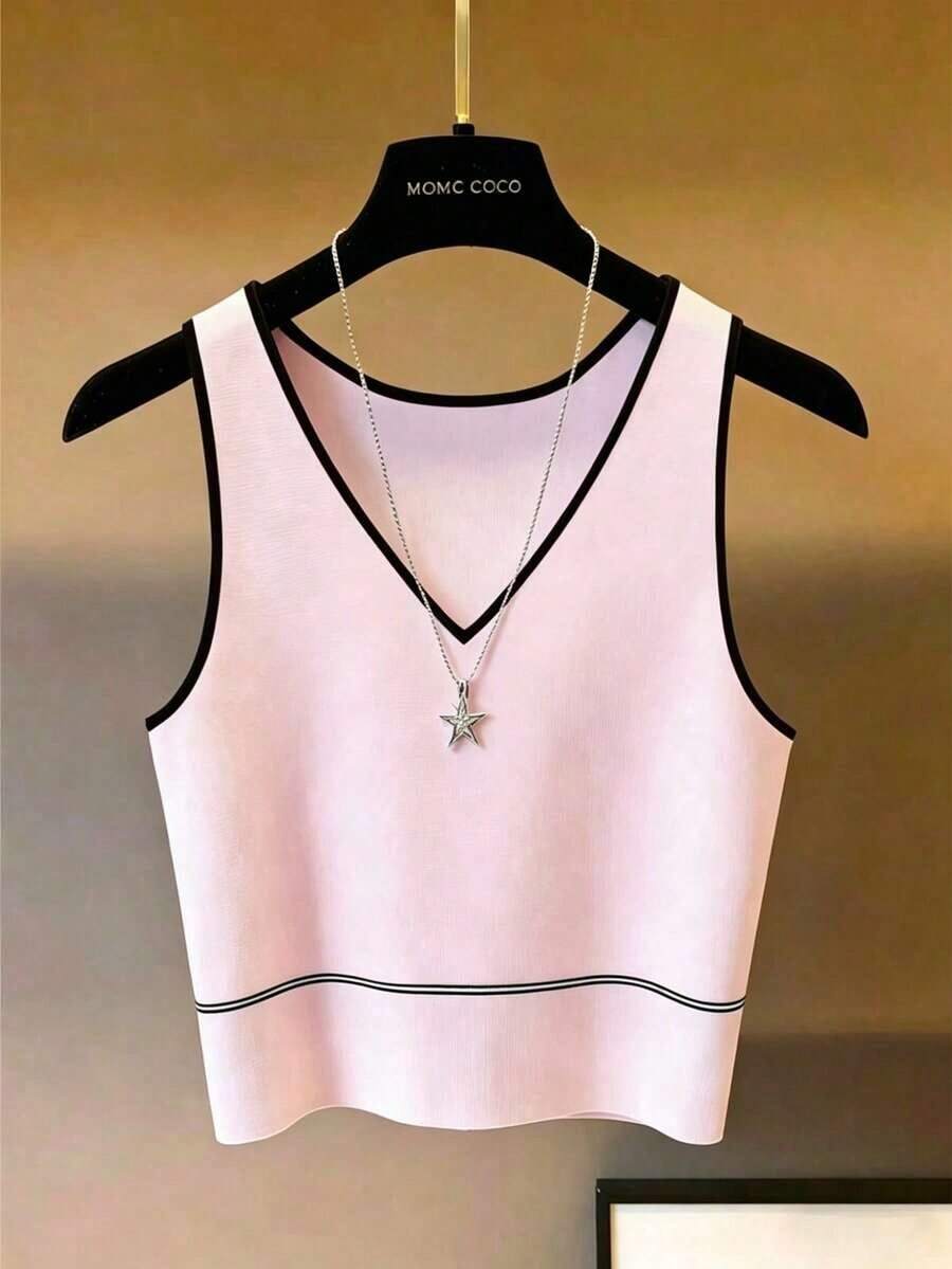 Camiseta de tirantes para mujer, se puede usar como prenda exterior.Camiseta de cuello en forma de corazón blanco, con recorte negro, adecuada para vacaciones en la playa, elegante y bonita para capas, también adecuada para otoño e invierno.Una - Rosa - Ver 1