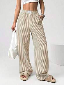 Pantalones casuales de pierna ancha de rayas marrones tejidos para mujeres - Caqui - Ver 4