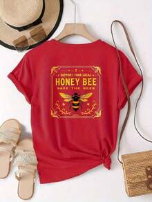 Camiseta de Mujer con Estampado de Doble Cara, Camiseta "Apoya a las Abejas Locales", Diseño Vibrante de Abejas, Mezcla de Algodón Suave y Transpirable, Camiseta Casual Ecológica para Amantes de la Naturaleza, para Actividades al Aire Libre y Vacaciones. - Rojo - Ver 5