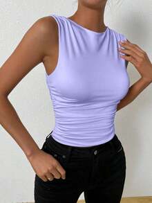 Camisola De Cuello Redondo Plisado Para Mujer - Púrpura malva - Ver 6