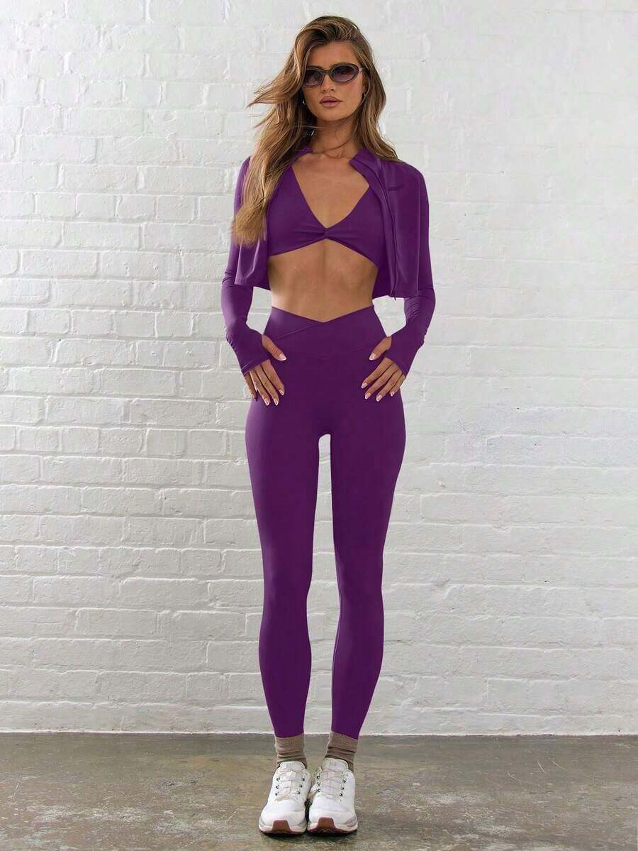Sport Leggings ajustados de cintura contorneada y cruzada para actividades, pádel, tenis, pickleball, gimnasio, fitness, pilates y uso casual diario - Morado Violeta - Ver 1