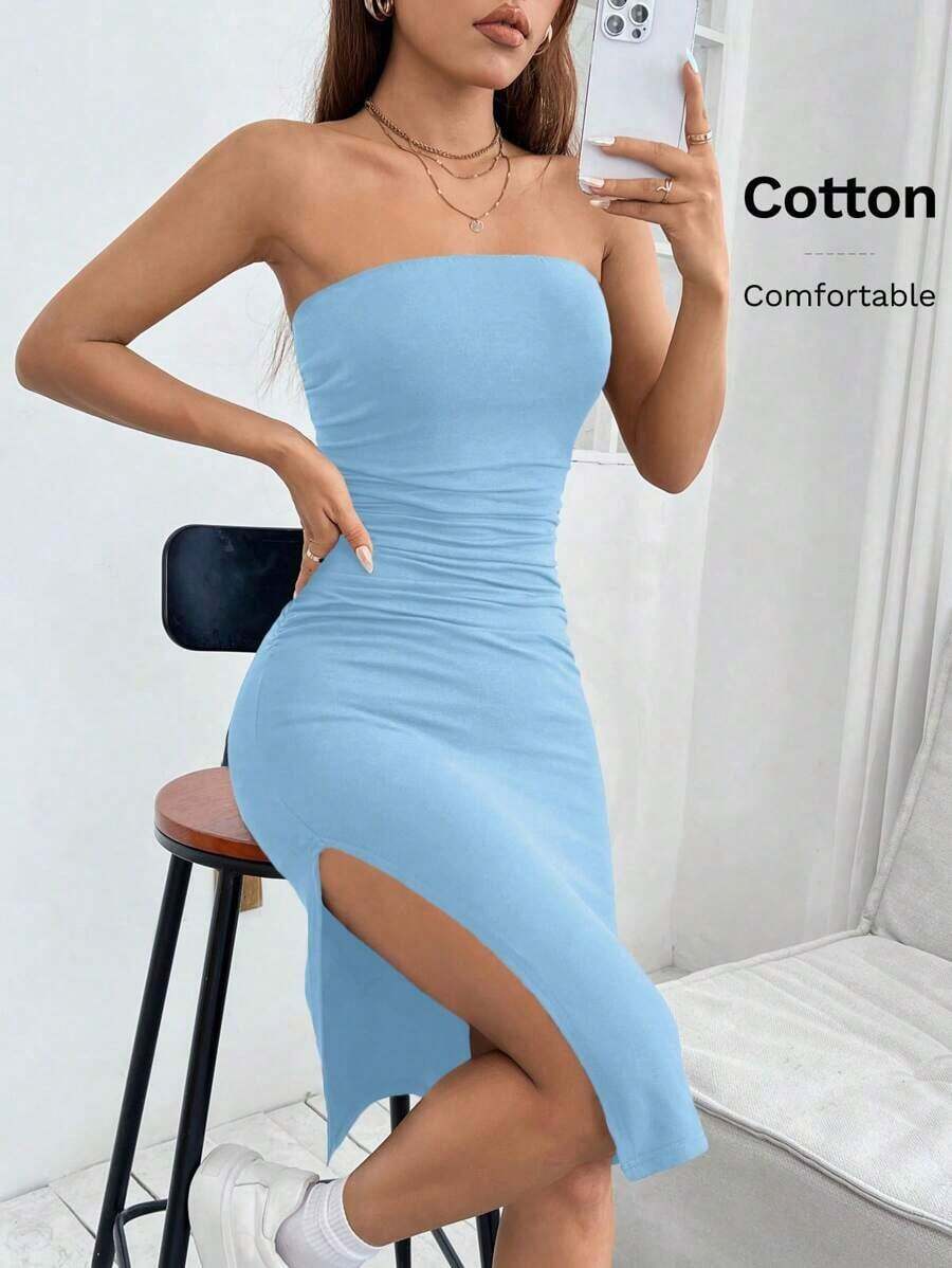 Vestido corto de verano ajustado tipo tubo con abertura lateral - Azul - Ver 1