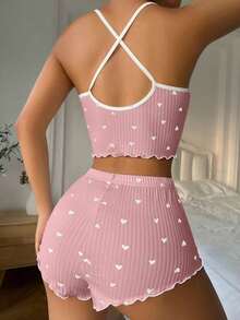 pijama / Pijama con estampado de corazón, ribete contrastante y lazo delantero - Rosa - Ver 2