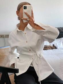 Blusa vaquera de manga larga con botones frontales y nudo delantero para mujer - Blanco - Ver 3