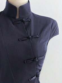 Camisa ajustada de manga corta con cuello mao de algodón negro, nuevo estilo chino retro elegante y versátil para ir a la oficina o al campus - Azul marino - Ver 5