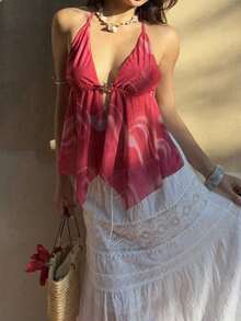 Camiseta de tirantes sexy con efecto cross y espalda descubierta, cuello Halter con teñido anudado para mujer - Multicolor - Ver 3