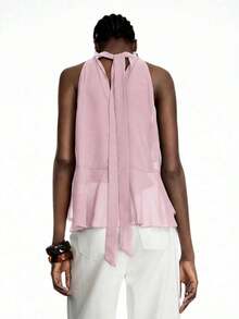 Elegant Solid Color Halter Top With Ruffles For Women - 羅莎 - 查看 6