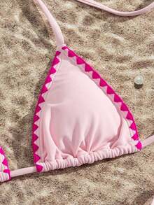 Bikini de 2 piezas de unicolor con escote halter y lazos, sexy y elegante para playa, vacaciones, viajes y fiestas. Nuevo para primavera/verano - Capullos de color rosa claro y rojo rosado. - Ver 5