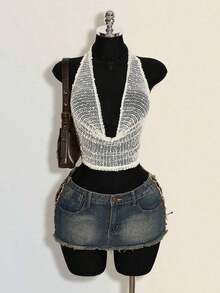 Top corto de color rojo sexy de cuello de escote amplio y sin mangas con estilo sencillo Y2K para mujer - Beis - Ver 7