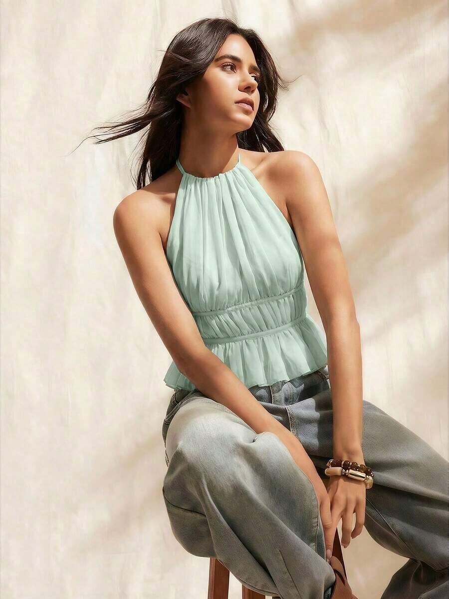 Blusa sin mangas para mujer con cuello halter plisado, ajustada a la cintura con lazo en la espalda y con la espalda descubierta - verde menta - Ver 1