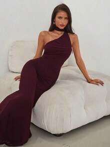 Vestido rojo sólido sin espalda con cuello halter, adecuado para citas, fiestas de Navidad y eventos de noche - Morado - Ver 2