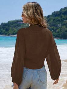 Swim Vcay Kimono corto de manga larga de unicolor y uso diario minimalista para mujer - Marrón - Ver 2