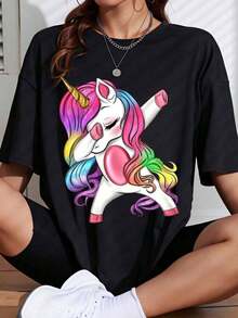 1 Colorful Unicorn Print T-Shirt For Casual Wear And Fun Outfits, 180g, 100% Cotton. - 黑色 - 查看 1
