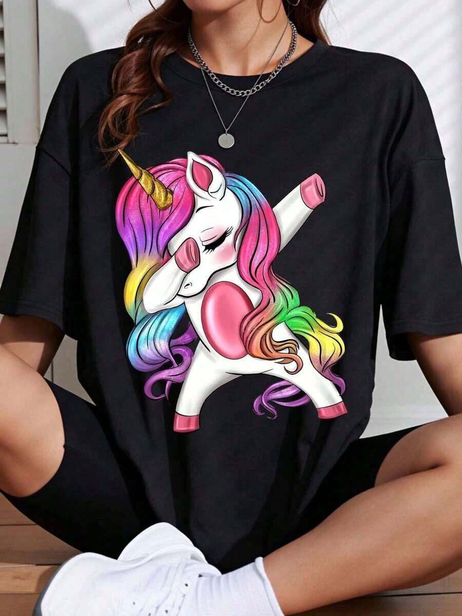1 Colorful Unicorn Print T-Shirt For Casual Wear And Fun Outfits, 180g, 100% Cotton. - 黑色 - 查看 1
