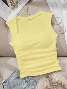 Camiseta sin tirantes con cuello cuadrado, cintura fruncida y sujetador acolchado sin aros - Amarillo claro - Ver 3