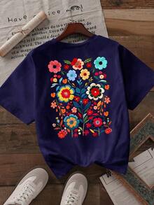 Howell Women's Black Short-Sleeved T-Shirt, Versatile Style, With Hand-Painted Daisy Floral Print, Casual And Cool For Summer - Navy Blue - View 3