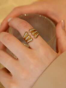 Stainless Steel Zirconia Inlaid Ring, Luxury Design Jewelry, Fashionable High-End Finger Ring - Golden 7 - View 2