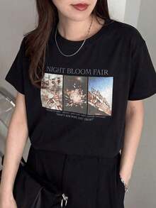 Women's Short-Sleeved T-Shirt, Light Gray, With Retro Amusement Park Fireworks Print, 100% Cotton, For Daily Wear, Breathable, Domestic Export, Women's Clothing, Summer Clothing, New Model, Solid Color Design, Regular Length, Made Of Pure Cotton Fabric, Comfortable To Wear, Machine Washable. - 黑色 - 查看 6