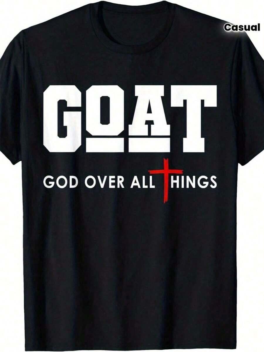 Only T-Shirts, GOAT Graphic T-Shirt - Black Crew Neck With White Lettering And Red Cross Design | Almighty Statement Edition | An Ideal Casual Wear And Spiritual Motivation | A Distinctive Gift Option For Those Who Love Faith And Sports - 1 件(T卹) - 查看 1