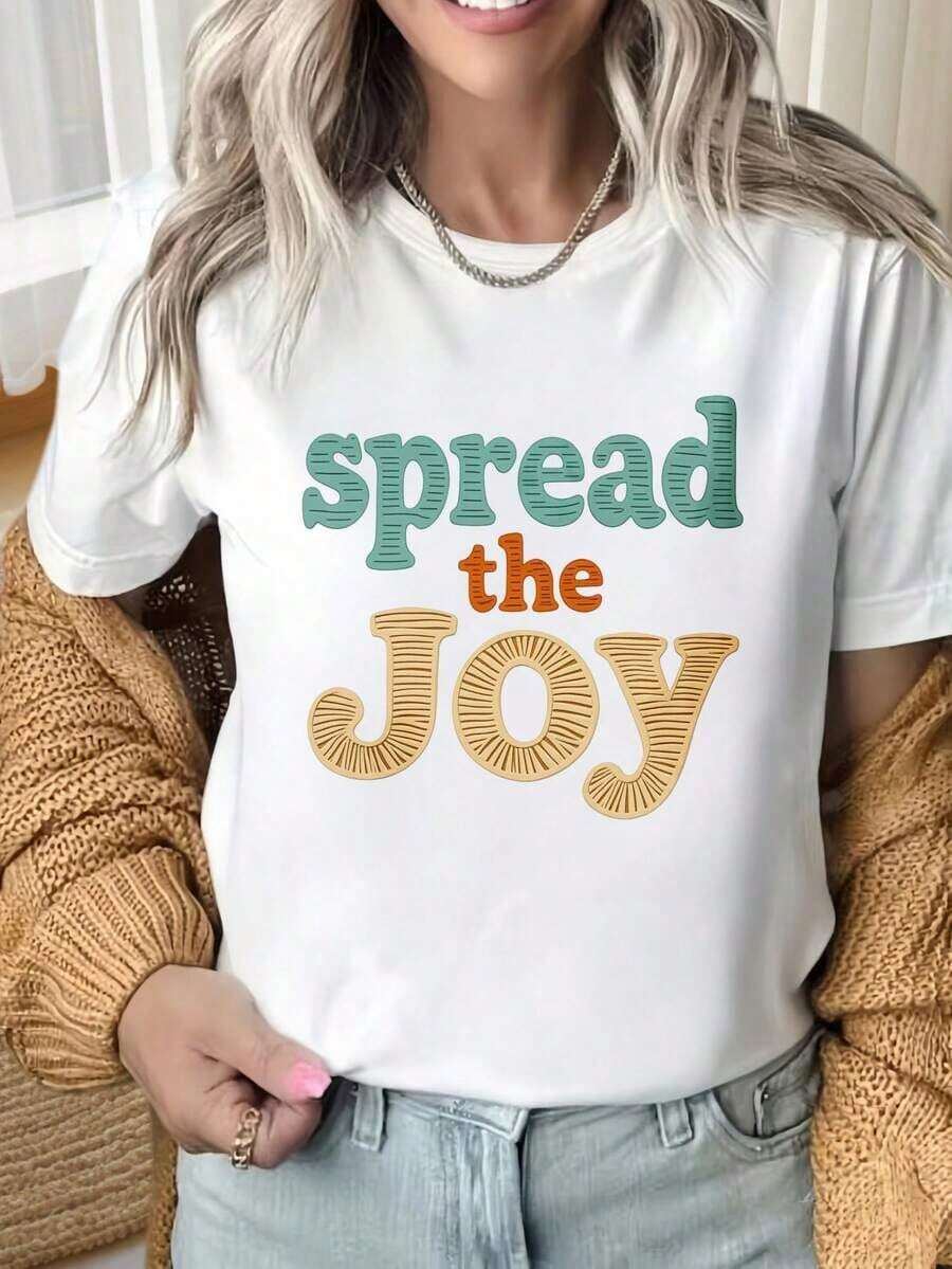 Women's Short-Sleeved Crew Neck T-Shirt. "Spread The Joy" Graphic Tee For Women. Comfortable Casual Cotton Graphic Tee For Everyday Wear. Fun Prints Are Suitable For Christmas Parties, Sports Activities, Holiday Parties, Outings, And Other Festive Gifts (220g). - 白色的 - 查看 1