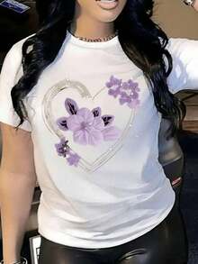 Round Neck T-Shirt With Heart-Shaped Floral Print For Summer Flowers 1 Butterfly Insect Print Casual Sweet Sexy Party Elegant None Appliques Beach Night Out Holiday Sporty Office Home Autumn Heart Graphic - Blanco - Bco14 - 查看 10