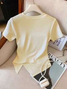 de manga corta con pliegues y bajo asimétrico de unicolor casual para mujer, verano - Albaricoque - Ver 2