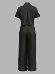 ANCHOSE Conjunto de camisa de manga corta con cuello vuelto y botones + pantalones de pierna ancha con cintura elástica alta, estilo minimalista y casual para ir al trabajo, para mujer - Negro - Ver 3