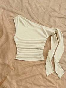 Blusa asimétrica de hombro con pliegues y estampado de lunares estilo Y2K para mujer - Multicolor 2 - Ver 5