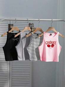 Conjunto de 4 piezas para mujer: Camiseta sin mangas a rayas en blanco y negro, cereza casual para vacaciones, versátil y sexy para el verano y el regreso a la escuela - Multicolor 5 - Ver 7
