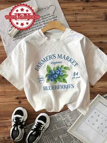 Pure Short-Sleeved, Round-Neck T-Shirt With Vintage-Style Blueberry Graphic, Featuring The Inscription 'FARMER'S MARKET Locally Grown BLUEBERRIES' - White - View 1