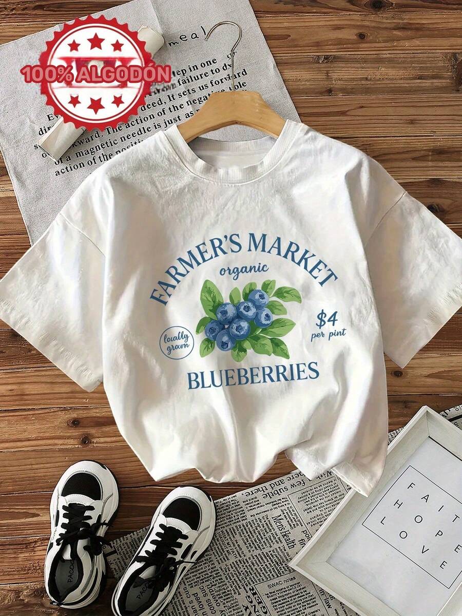 Pure Short-Sleeved, Round-Neck T-Shirt With Vintage-Style Blueberry Graphic, Featuring The Inscription 'FARMER'S MARKET Locally Grown BLUEBERRIES' - White - View 1