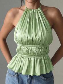 Camiseta sin mangas de satén con pliegues, cuello de halter y espalda descubierta, unicolor, de uso casual para mujer - Verde - Ver 6