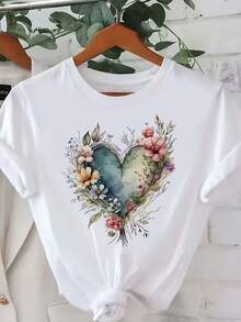 Camiseta de manga corta con estampado de corazones, diseño con patrón estampado, cuello redondo, top casual de verano y primavera para mujer - Blanco - Ver 6