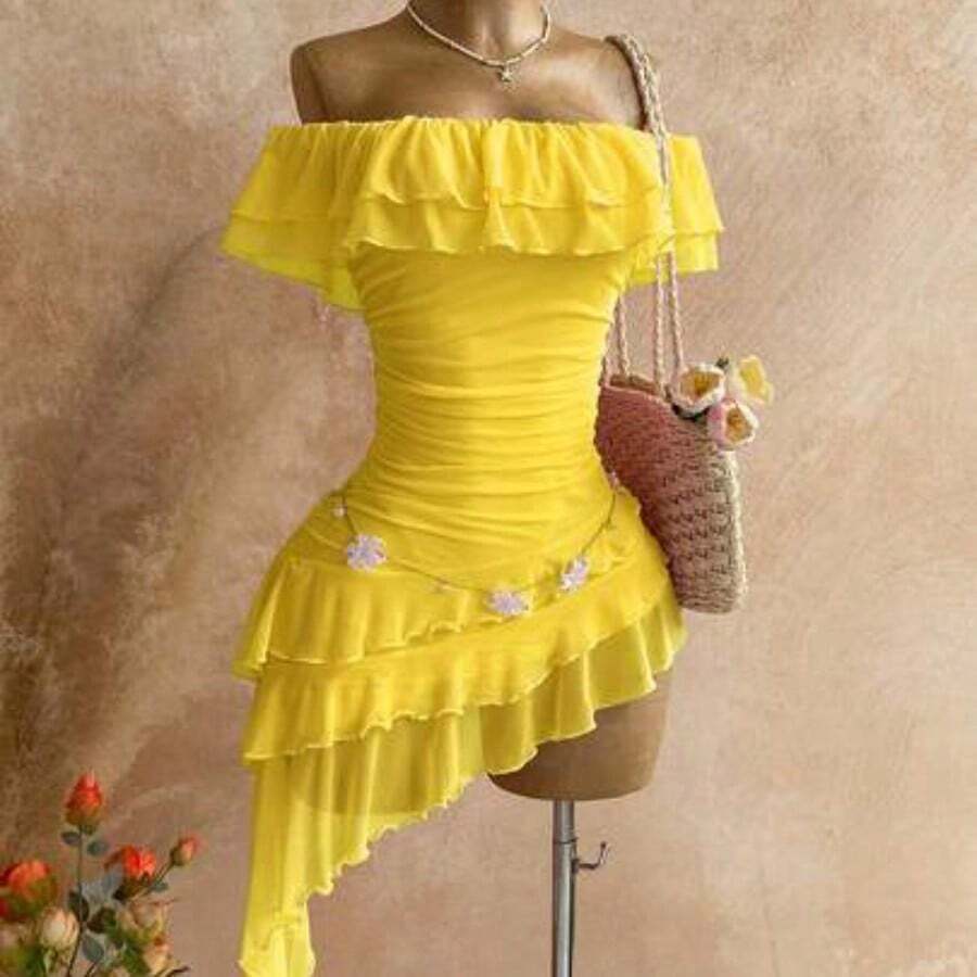 Spring & Summer Vacation Knit Mesh Strapless Fitted Tiered Ruffle Asymmetric Hem Dress, Suitable For Garden Party, Tea Party, Flower Arranging, Date, Bohemian, Boho, Vacation,Summer Dresses For Women - Amarillo - Ver 1