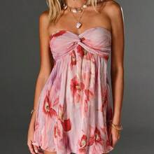 TRNDY Romantic Pleated Floral Print Twist Front Mini Dress, Suitable For Spring/Summer Vacation - Amarillo - Ver 6