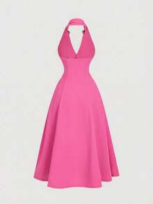 Vestido midi elegante sin mangas con decoración floral 3D de metal y plisados para mujer - Rosa Fucsia - Ver 2